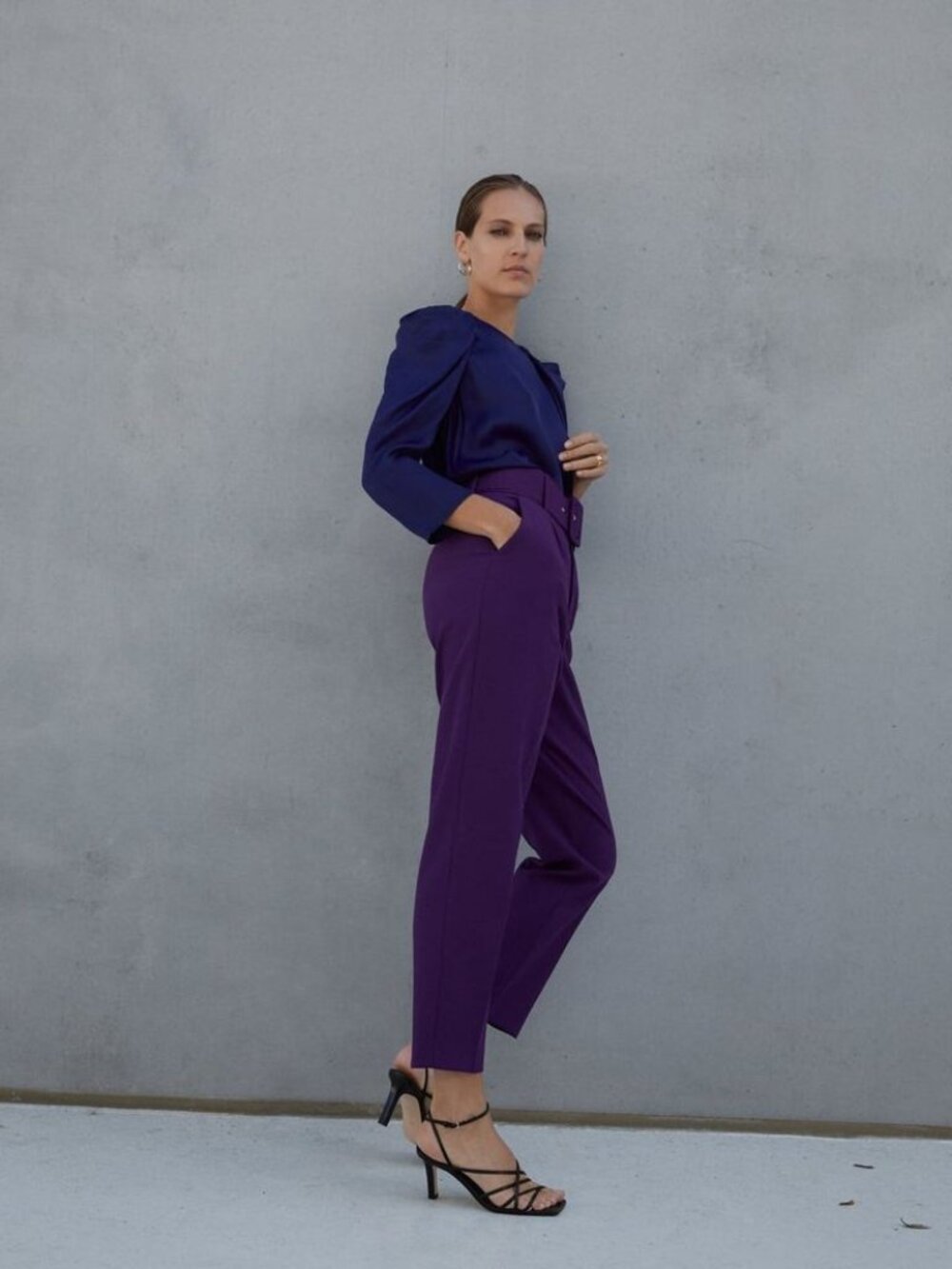 Zara High Waisted Belted Buckle Violet Trousers, Pleated Purple Pants